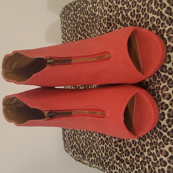 Red Peep Toe Wedge Heel Booties - Picture 4 of 6